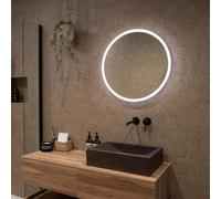 Pebble Grey Round Illuminated Bathroom Mirror with LED Lights 600mm IP44 Rated - Verve Lithium-Ion Battery Operated Bathroom Mirror, Light Up Wall Mirrors with Rocker Switch, Frameless LED Mirrors
