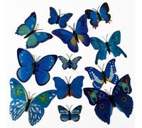 PEBBLE HUG 12 x Butterflies For Garden Or Indoors Fridge Magnet Or Sticky Tab Mixed Sizes, Three-Dimensional Butterfly Magnet Wall Sticker, Decoration Refrigerator Sticker Home (Blue)