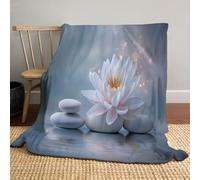 Pebble Lotus Flannel Blanket, Zen Spa Style Throw Blanket Soft Warm Lightweight White Blankets for Sofa Couch Bed Travel Home Decor 150x200cm