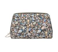 Pebble Stone Pattern Print Premium Leather Toiletry Travel Pouch with Waterproof Portable Pouch Open Flat Makeup Bag