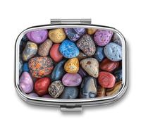 Pebbles and Rocks Pill Box 2 Compartments Portable Travel Pill Case Mini Medicine Organizer for Pocket Purse Metal Waterproof Medicine Container Holder Vitamin Fish Oil