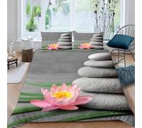 Pebbles Single Duvet Cover Set Pink Flowers Bedding Sets, 3D Print Ultra Soft Microfiber Quilt Cover 150 x 200 cm Comforter Covers with Zippe and 2 Pillowcases C-747