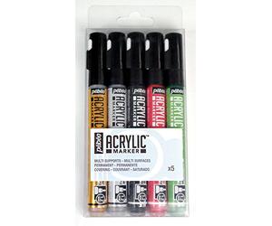 Pébéo 201212 Set of 5 Acrylic Markers 1.2 mm Round Tip Precious Gold/Precious Silver/Precious Black/Precious Red/Precious Green