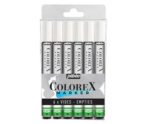 Pébéo - Colorex Empty Refillable Marker Pen - Compatible with 56 Pebeo Colours - Versatile Brush Tip - Multi-Tool Drawing Ink All Media - Set of 6 Empty Markers