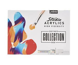 Pebeo - Studio Acrylics Collection Set - 12 Tubes 20ml + Titanium White 100ml + Modeling Paste + 1 Black Acrylic Marker + 2 Brushes + 4 Painting Knives, 1 Palette, 3 Canvas Boards.