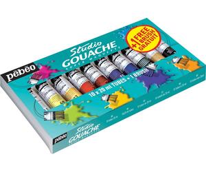 Pebeo Studio Gouache Starter Pack 10 x 20ml Tube Set + 1 Free Brush