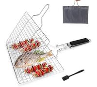 Pecco BBQ Grilling Basket, Foldable Stainless Steel Barbecue Grill Basket for Fish Vegetables Shrimp with Removable Handle, Basting Brush and Storage Bag 32x22cm
