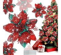 Pecehom 16 Pieces Poinsettia Christmas Decorations,Glitter Artificial Poinsettia Flowers Christmas Tree Ornaments,for New Year Wedding Xmas Wreath Home Party Decor (Red and Green)