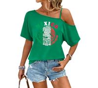 PECHAR Mexico Shirts for Women Mexican Flag Off Shoulder T Shirts Cinco De Mayo Spaghetti Strap Casual Tops, Green2, S