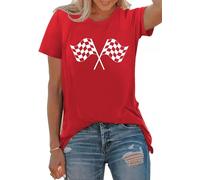 PECHAR Racing Shirt for Women Checkered Flag Graphic car Shirts Race Lover Shirt Raceday Casual Short Sleeve Tee Tops, Red, M