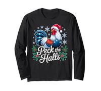 Peck The Halls Chicken Xmas Santa Hat Snowflakes Funny Tee Long Sleeve T-Shirt