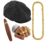 Peckham Market Seller Costume Accessory Set - 4 Piece Fools & Horses Inspired Includes Herringbone Flat Cap, Gold Chain, Sovereign Rings and Large Prop Cigar - Fancy Dress Costume
