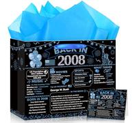 Peconal 18th Birthday Gift Bag Black Blue Back in 2008 Gifts Bag with Greeting Card 18th Birthday Wrapping Paper Bags for Boys Girls Eighteen 18 Year Old Bday Party Favors Supplies