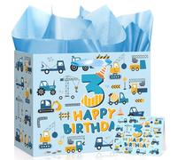 Peconal Blue Truck 3rd Birthday Gift Bag Large Blue Construction Happy 3rd Birthday Gift Bag with Card Wrapping Paper Third Bday Decorations for Boys Kids Three Years Old Bday Party Supplies