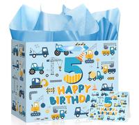 Peconal Blue Truck 5th Birthday Gift Bag Large Construction Happy 5th Birthday Gift Bag with Card Wrapping Paper 5 Year Old Bday Favor Bag Decorations for Boys Kids Five Year Old Truck Party Supplies