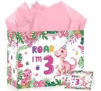 Peconal Dinosaur 3rd Birthday Gift Bag Set - Three Rex Pink Dinosaur Gift Bag with Greeting Card & Tissue Paper, Roar I’m 3 Birthday Decorations for Girls Dino Age 3 Year Old Party Favors Supplies