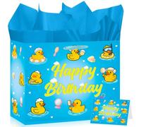 Peconal Rubber Duck Birthday Gift Bag Large Blue Cute Duckie Birthday Gift Bag with Tissue Paper Card Yellow Ducky Bath Spa Favor Bag Decorations for Kids Boys Girls Baby Shower Party Supplies
