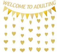 Pecration 18th Birthday Decorations Gold - Glitter Welcome To Adulting Banner Triangle Flags Garland, Happy Birthday Decoration Kit for 18 Years Old Boys and Girls Party Supplies