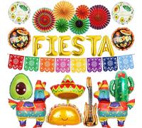 Pecration Mexican Fiesta Party Decorations - Multicolor Cinco De Mayo Theme Decoration Set Includes Banner, Paper Fans, Llama, Guitar Foil Balloons for Birthday Party