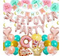Pecration Sleepover Party Supplies for Girls - Rose Gold Happy Birthday Banner Foil Latex Balloon Garlands, Paper Pom Poms for Girl Women Night Spa Slumber Theme Party Decoration