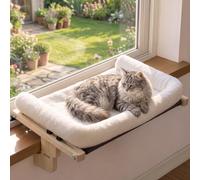 Pecute Cat Windowsill Perch, Cloud-Soft Cat Bed with Wood Frame, 63cm | Adjustable Max of 20cm, Easy Assembly, Washable Cushion with Velcro & Sided Bolster, Bird-watching Cat Bed, Hold Up to 15kg