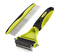 Pecute Dematting Comb Tool Kit - Double Sided Blade Rake Comb + Grooming Brush - Removes Loose Undercoat, Knots, Mats and Tangled Hair