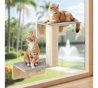 pecute Double-layer Cat Hammock with Scratching Post, Sturdy Solid Wood Cat Wall Shelf, Strong Suction Cup, Suitable for Glass Windows and Indoor Walls, Suitable for Pet Sunbathing Viewing and Resting