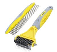pecute Grooming Dematting Comb Tool Kit - Double Sided Blade Rake Comb Grooming Comb - Removes Loose Undercoat, Knots, Mats and Tangled Hair(Yellow+Grey)