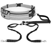 pecute Hands-Free Dog Running Leads, Adjustable Dog Walking Belt with Pockets & Poo Bag Holder, Durable 2 Handles & Reflective Jogging Bungee Lead for Small to Medium Dogs, Grey - 2 Leash