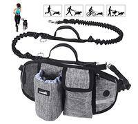 Pecute Hands Free Dog Running Leads with Wide Back Support Waist Bag,Adjustable Dog Walking Belt with Multi Pouch & Poo Bag Holder,Durable 2 Handles & Bungees Reflective Jogging Lead,Up to 60KG(Grey)