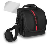 PEDEA Camera Bag for Sony Alpha 7R, Alpha 7s, SLT-A57, SLT-A77V / Panasonic Lumix DMC-FZ72 / Olympus E-M5 OM-D (Size M, black/red) includes screen protector