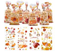 Pedenty 160 Pcs Thanksgiving Cellophane Treat Bags - 4 Fall-Themed Candy Bag Designs with Ties - Autumn Party Favor Goodie Bags for Thanksgiving Party, Classroom Exchange, or Holiday Treats