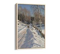 Peder Mønsted Sleigh Ride on a Sunny Winter Day Canvas Floater Frame Print Picture Art - Light Oak Frame 8 inch wide x 12 inch high