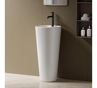 Pedestal Basin Sink Bathroom, Round Free Standing Basin Sink, Ceramic Single Wash Basin with Over Flow for Cloakroom, Modern White Floor Standing One Piece Sink, 15.8” Dia x 33” H,Findepot