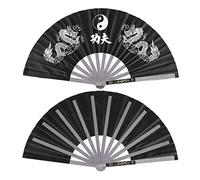 Pedestal Fans, Kung Fu Dance Fans, Tai Chi Fan, Fan Rib Stainless Steel Nylon Cloth Martial Metal Rivet Arts Colorfast Deluxe Practice Training Performance with Delicate Painting(Black)