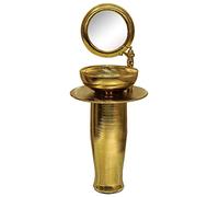 Pedestal Sink, Modern Ceramic Freestanding Washbasin, 16 Inch One Piece Basin for Bathroom Vanity, Gold Round Design