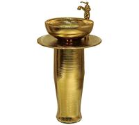 Pedestal Sink, Modern Ceramic Freestanding Washbasin, 16 Inch One Piece for Bathroom Vanity, Gold Round Design