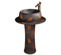 Pedestal Sink Vanity Pedestal Vessel Sink Carved Leaf Art Post Basin Vintage Ceramic Washbasin One-Piece Pedestal Combo Sink with Faucet Bathroom Pedestal Sink