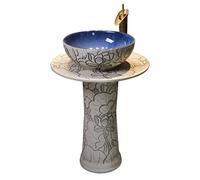 Pedestal Sink Vanity Pedestal Vessel Sink Carved Lotus Art Post Basin Ceramic Washbasin One-Piece Pedestal Combo Sink with Faucet Bathroom Pedestal Sink
