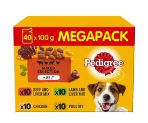 Pedigree Dog Pouches Mixed Meat Selection in Jelly 100g x40, 10 Of Each Flavour