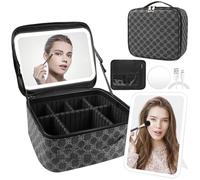 PEEH Makeup Bag with Lighted Mirror, Travel Make up Train Case with Adjustable Brightness Vanity Mirror and Detachable 10x Magnifying Mirror (Grey Clover), White Plaid