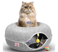 Peekaboo Cat Tunnel Bed with Hanging Ball Toy - Large Cat Tunnels for Indoor Cats up to 30lbs - Round Cat's cave Bed with Scratch-Resistant, Easy to Wash & Cozy Design (24x24x11, Light Grey)