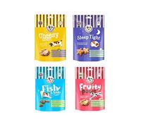 Peekaboo Laughing Dog - Baked Dog Treats Bundle - Cheesy Bites, Fruity Paws, Fish & Tricks, Sleep Tight 125g Includes 4 Varieties