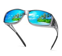 Peekaco Polarized Sunglasses Fit Over Glasses for Men Women, Wrap Around Sun Glasses for Driving Fishing UV400 Protection, A13 Light Grey Frame/Blue Mirrored Lens, L
