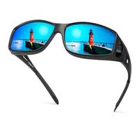 Peekaco Polarized Sunglasses Fit Over Glasses for Men Women, Wrap Around Sun Glasses for Driving Fishing UV400 Protection, A11 Matte Black Frame/Blue Mirrored Lens, L
