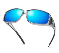Peekaco Polarized Sunglasses Fit Over Glasses for Men Women, Wrap Around Sun Glasses for Driving Fishing UV400 Protection, A13 Light Grey Frame/Blue Mirrored Lens, L