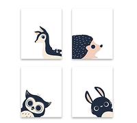 Peeking Animal Collection, Children's Wall Art Prints, Set of Four 08x10 Inch Print, Forest Nursery, Gender Neutral Nursery Decor, Rabbit, Deer, Owl, Hedgehog Decor, Woodland Nursery, Baby Room Decor
