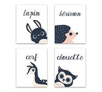 Peeking Animal Collection in French, Children's Wall Art, Set of Four 11x14 Inch Print, Forest Nursery, Gender Neutral Nursery, Rabbit, Deer, Owl, Hedgehog, Woodland Nursery, Kids Room