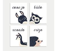 Peeking Animal Collection in Spanish,Children's Wall Art, Set of Four 8x10 Prints, Forest Nursery, Gender Neutral Nursery, Rabbit, Deer, Hedgehog, Animal's Decoration, Kids Room, Baby Room Decor, Cute