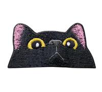 Peeking Black Cat Face Patch, Big Yellow Eyes Pink Ears Silent Expression Embroidered Patch, Hook and Loop Backing for Backpacks Hats Jackets Jeans, Mysterious Whimsical Badge for Cat & Animal Lovers